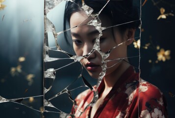 Young asian woman behind broken mirror, Generative AI