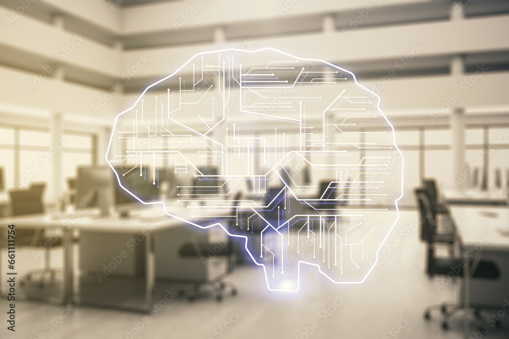 Aufkleber double exposure of creative artificial intelligence interface on modern corporate office background.