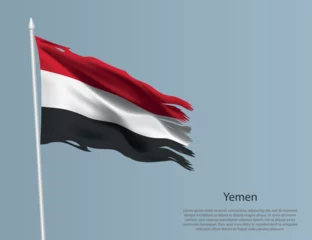 Foto op Plexiglas Ragged national flag of Yemen. Wavy torn fabric on blue background © magr80