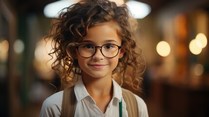 A girl with glasses dressed like a businesswoman.