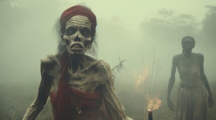 Fictitious Female Voodoo Zombies Walk Through the Fog AI Generative - obrazy, fototapety, plakaty