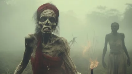 Fotobehang Fictitious Female Voodoo Zombies Walk Through the Fog AI Generative © Jordan