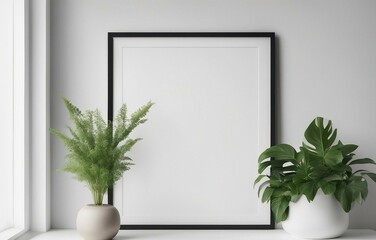 Empty horizontal frame mockup in modern minimalist interior with plant in trendy vase on white wall 