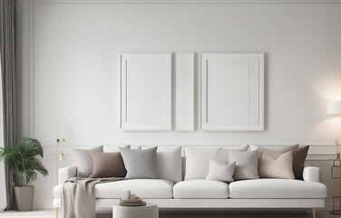 Fototapeta na wymiar Blank frame mock ups on white wall. White living room design. View of modern Scandinavian style