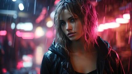 Fototapeta premium A cyber punk style young girl in a cyber punk style city.