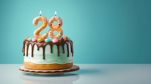 28th year birthday cake on isolated colorful pastel background