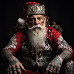 Heavily tattooed Santa Claus, cool, gloomy, portrait. portrait.