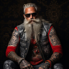 Heavily tattooed Santa Claus, cool, gloomy, portrait. portrait.