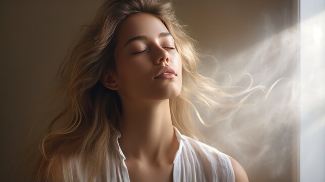 Close-up photo of woman meditating in a spiritual environment.