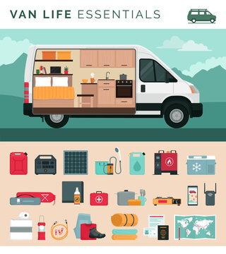 Van life essentials infographic and van interior