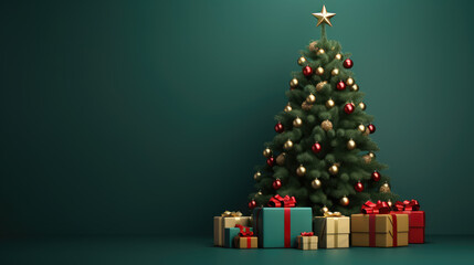 Decorated christmas tree with gifts on green background