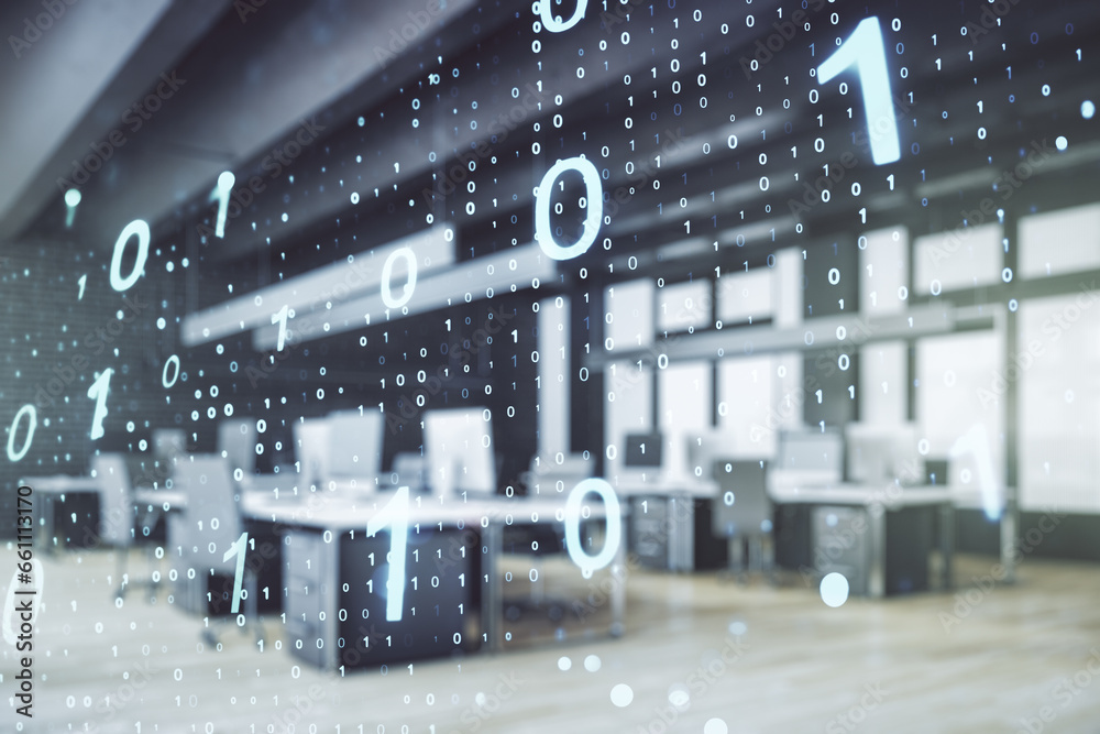 Aufkleber Double exposure of abstract virtual binary code hologram on modern corporate office background. Database and programming concept