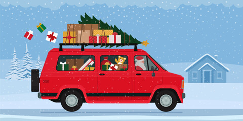 Santa Claus driving a van and carrying Christmas gifts