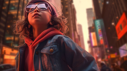 Fototapeta premium A wide shot of a child girl in sunglasses looking up at the tall buildings in Times Square.