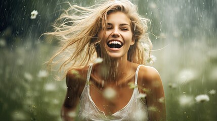 Close-up of a young woman running in the rain through a summer blooming field. Beautiful blonde woman with long hair happy and laughing. Illustration for cover, interior design, decor or print.