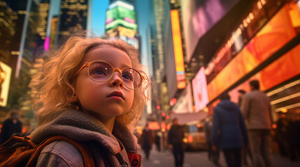 A wide shot of a child girl in sunglasses looking up at the tall buildings in Times Square.