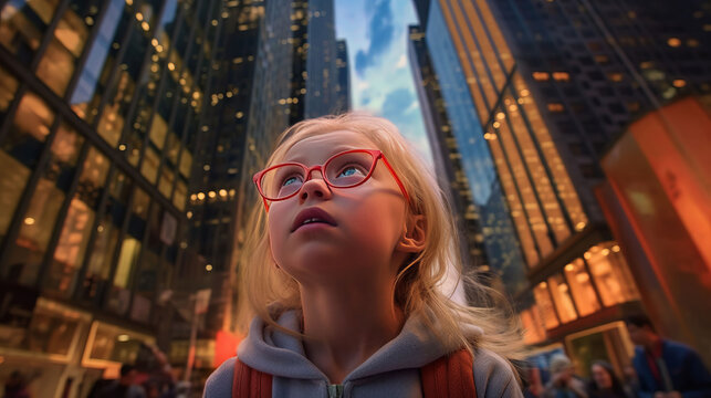 A wide shot of a child girl in sunglasses looking up at the tall buildings in Times Square. - Powered by Adobe