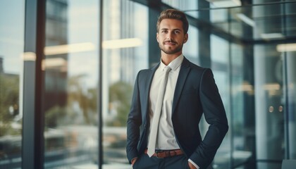Fototapeta premium Portrait of a happy young casual businessman at office