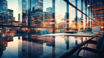 Fototapeta na wymiar Blurry background with office with big glass in city