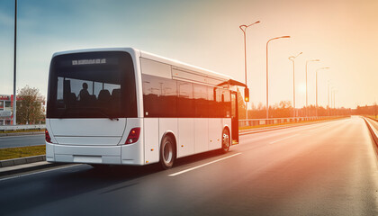 
A blank white bus is seen on a German highway, viewed from the rear in backlit conditions, with various traffic signs visible along the way. - obrazy, fototapety, plakaty