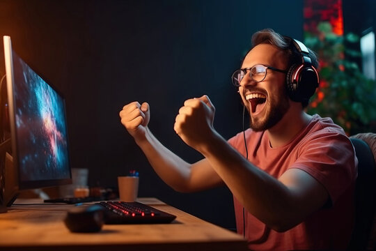 Happy excited man gamer wearing headphones rejoices over winning a computer game sitting at home. Guy celebrating his victory in video game.
