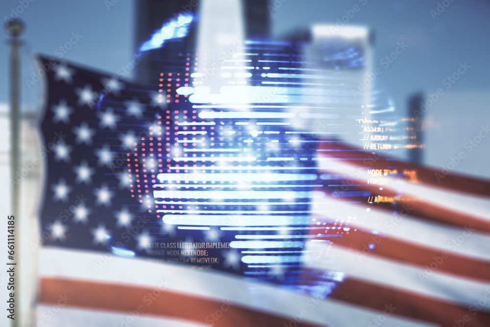 Poster multi exposure of abstract creative coding sketch and world map on usa flag and blurry cityscape bac