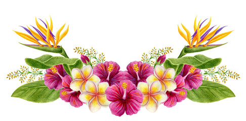 Tropical bouquet. Hand drawn watercolor painting with hibiscus flowers, strelitzia, frangipani and leaves isolated on white background. Floral summer composition.