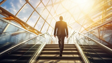 A businessman climbing a ladder. Step forward to success. The concept of leadership, motivation, career advancement. Illustration for cover, card, interior design, banner, brochure or presentation.