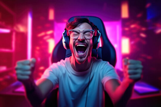 Happy professional gamer shouting excited about winning an online game tournament sitting in his neon light game studio. Generative AI
