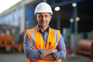 A cheerful worker in a warehouse surrounded by the clatter of machinery construction concept