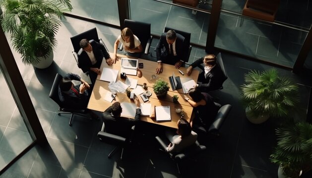 Top view image of motivated employees working together in the office official meeting concept of business