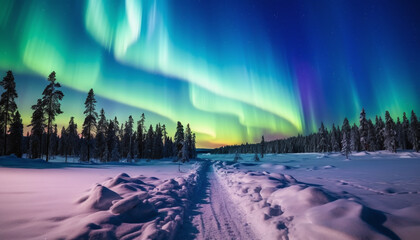 An awe-inspiring spectacle of the northern lights, the mesmerizing aurora borealis, casting its radiant glow over a wintry landscape along a path in Finnish Lapland. - obrazy, fototapety, plakaty