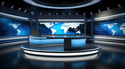 Tv studio. News studio. News studio. The perfect backdrop for any green screen or chroma key video or photo production. 3d render.  - obrazy, fototapety, plakaty