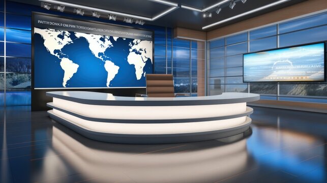Tv studio. News studio. News studio. The perfect backdrop for any green screen or chroma key video or photo production. 3d render. 