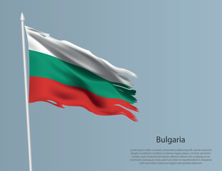 Ragged national flag of Bulgaria. Wavy torn fabric on blue background