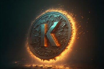 word KAS as a shiny digital coin surrounded with rust falling from it flying in the air speed of light crypto neon neural artificial network exploding fire ultrarealistic RTX On created with Unreal 