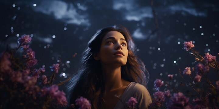 An ethereal image featuring a lone woman standing under a night sky, enveloped by a breathtaking array of flowers. This captivating scene is perfect for illustrating themes of serenity, wonder,