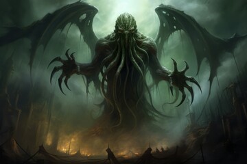 Imposing Cthulhu emerges in skies tinted dark teal, its formidable presence dominating the ominous background. - obrazy, fototapety, plakaty