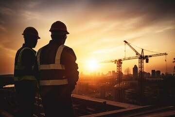 two man silhouette construction engineers supervising progress of construction project at construction site