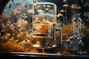 Generative AI, Essential oil extraction with distillery machine with chamomile flowers	