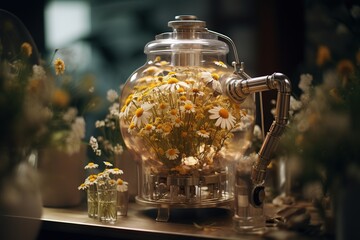 Fototapeta na wymiar Generative AI, Essential oil extraction with distillery machine with chamomile flowers 