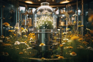 Generative AI, Essential oil extraction with distillery machine with chamomile flowers	
