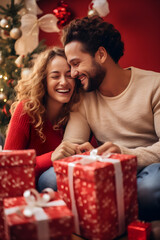 Obraz na płótnie Canvas Christmas Joy Couple in a Gift Exchange Moment