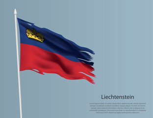 Ragged national flag of Liechtenstein. Wavy torn fabric on blue background