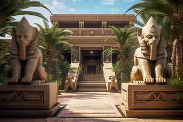 Entrance adorned with statues and sphinx leading to sacred Egyptian temple. Generative AI - obrazy, fototapety, plakaty
