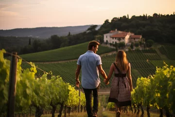Papier Peint photo autocollant Toscane A Couple's Hike Through the Vineyard.