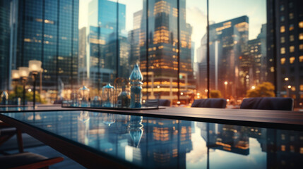 Fototapeta na wymiar Blurry background with office with big glass in city