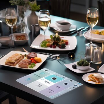 Table set for dinner with different food and devices on table in restaurant. Tablet pc with restaurant app on the screen. Modern restaurant interior