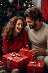 Fototapeta na wymiar Holiday Romance Man and Woman Share Christmas Gifts