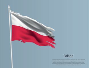 Ragged national flag of Poland. Wavy torn fabric on blue background